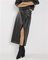 River Island Womens Wrap Midi Skirt Black Faux Leather Distressed Zip Bottom - 6 Regular