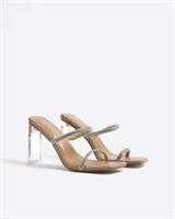 River Island Womens Heeled Mules Beige Diamante Double Strap Open Toe Shoes