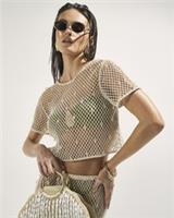 River Island Womens Top Cream Crochet Short Sleeve Embellished Round Neck Blouse - S Regular