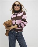 River Island Womens Cardigan Brown Knitted Striped Button Round Neck Jumper Top - M Regular