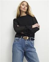 River Island Womens Top Black Knitted Long Chiffon Sleeve Round Neck Blouse - L Regular