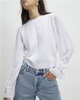River Island Womens Blouse White Chiffon Long Sleeve Round Neck Tie Cuff Top - L Regular