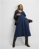 River Island Womens Midi Dress Blue Denim Short Sleeve Seamed V-Neck Zip - 18 Regular