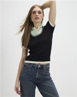 River Island Womens Polo Shirt Navy Ribbed Short Sleeve Layered Collared Top - M Regular