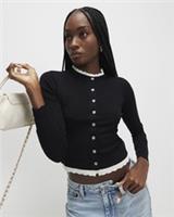 River Island Womens Cardigan Black Scallop Trim Button Round Neck Jumper Top - S Regular