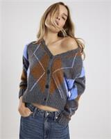 River Island Womens Cardigan Grey Knitted V-Neck Argyle Print Button Jumper Top - S Regular