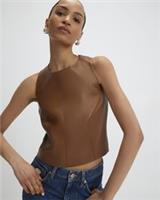 River Island Womens Top Brown Faux Leather Sleeveless Round Neck Button Blouse - 12 Regular