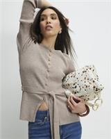 River Island Womens Cardigan Beige Knit Tie Waist Button Round Neck Jumper Top - L Regular