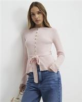 River Island Womens Cardigan Pink Waisted Ribbed Button Round Neck Jumper Top - M Regular