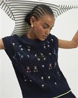 River Island Womens Tank Top Navy Floral Embroidered Cable Knitted Crew Jumper - XS Regular