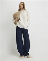 River Island Womens Jumper Cream Fringe Hem Rib Crew Neck Pullover Sweater Top - S Regular