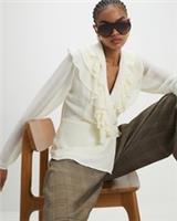 River Island Womens Blouse Cream Long Sleeve Wrap Ruffle Long Sleeve Top - 12 Regular