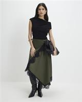 River Island Womens Maxi Drape Dress Petite Khaki Lace Hybrid Short Sleeve - L Petites