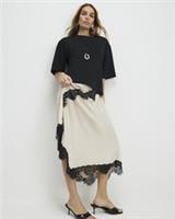 River Island Womens Maxi T-Shirt Dress Cream Lace Hybrid Crew Neck Short Sleeve - L Regular