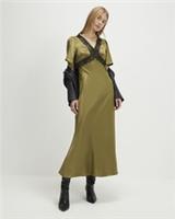 River Island Womens Slip Dress Khaki V-Neck Satin Lace Trimmed Short Sleeve - 12 Regular