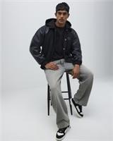 River Island Mens Bomber Jacket Black Faux Leather Wool Collared Outerwear Top - M Regular