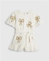 River Island Girls Playsuit Cream Velvet Bow Crew Neck Zip Back Sequin Outfit - 12 Years Regular