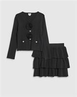 River Island Girls Cardigan & Skirt Set Black Corsage 2 Piece V-Neck Buttoned - 5-6 Years Regular