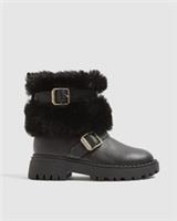 River Island Girls Boots Black Faux Fur Strap Side Zip Round Toe Heel Shoes