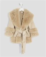 River Island Mini Girls Wrap Coat Beige Suedette Fur Midweight Outerwear Top - 2-3 Years Regular