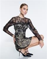 River Island Womens Mini Dress Cream Lace Long Sleeve Embellished Round Neck - 6 Regular