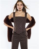 River Island Womens Corset Top Brown Monogram Denim Stretch Square Neck Blouse - 6 Regular