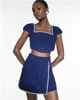 River Island Womens Crop Top Navy Boucle Short Sleeve Embellished Blouse - 14 Regular