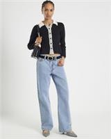 River Island Womens Peplum Top Black Knitted Collared Boucle Button Jumper - S Regular