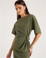 River Island Womens Top Khaki Short Sleeve Twist Detail Crew Neck Blouse - S Regular