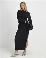 River Island Womens Midi Dress Petite Black Plisse Asymmetric Neck Waisted - S Petites