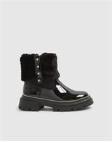 River Island Girls Boots Black Faux Fur Cuff Patent Round Toe Zip Block Heel