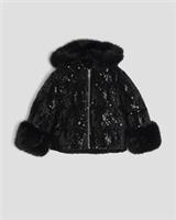 River Island Girls Puffer Coat Black Sequin Padded Zip Hooded Outerwear Top