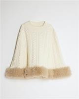 River Island Girls Cape Cream Knitted Fur Trim Crew Neck Cover Up Outerwear Top