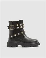 River Island Girls Chelsea Boots Black Gem Strap Round Toe Zip Chunky Heel Shoes