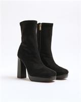 River Island Womens Sock Boots Black Faux Suede Platform Square Toe Zip Shoes