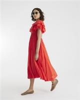 River Island Womens Midi Dress Red Frill Sleeve V-Neck Casual Pleated Tie - 12 Regular
