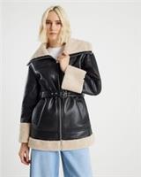 River Island Womens Aviator Jacket Black Faux Leather Belted Outerwear Top - M Regular