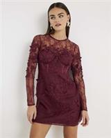 River Island Womens Mini Dress Red Lace Long Sleeve Embellished Round Neck - 6 Regular