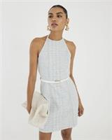 River Island Womens Mini Dress Blue Halter Neck Boucle Belted Sleeveless - M Regular