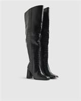 River Island Womens Thigh High Boots Black Block Heel Pointed Toe Zip Shoes