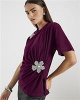 River Island Womens T-Shirt Red Short Sleeve Diamante Flower Crew Neck Tee Top - S Regular