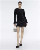 River Island Womens Mini Dress Black Velvet Long Sleeve Feather Trim Round Neck - 12 Regular