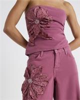 River Island Womens Bandeau Top Pink Denim Sleeveless Flower Ruched Side Blouse - 6 Regular