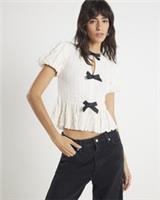 River Island Womens Top Cream Short Sleeve Textured Bow Round Neck Blouse - L Regular