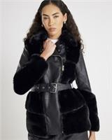 River Island Womens Biker Jacket Black Faux Fur Panelled Outerwear Top - 6 Regular