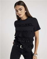 River Island Womens T-Shirt Black Short Sleeve Ruffle Round Neck T Shirt Tee Top - XS Regular