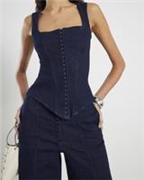 River Island Womens Corset Top Blue Denim Sleeveless Square Neck Fitted Blouse - 14 Regular
