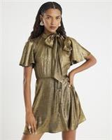 River Island Womens Mini Dress Gold Metallic Pussybow Neck Flippy Tie Belt - 6 Regular