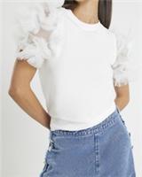 River Island Womens Top Cream Short Ruffle Sleeve Crew Neck Short Sleeve Blouse - XS Regular
