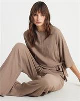 River Island Womens Top Beige Short Sleeve Textured Knot Side Crew Neck Blouse - S Regular